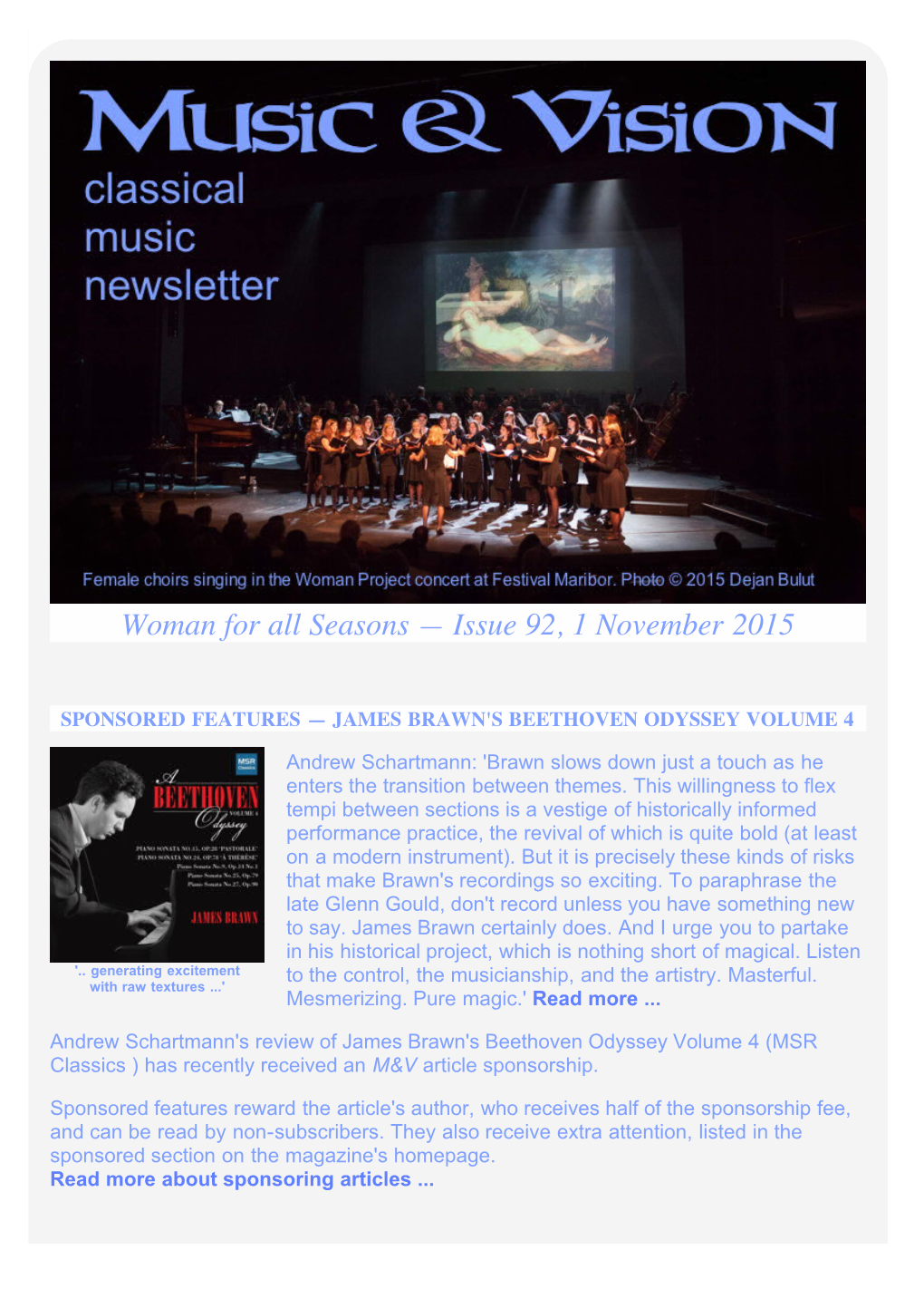 The Music and Vision Classical Music Newsletter: Woman for All Seasons