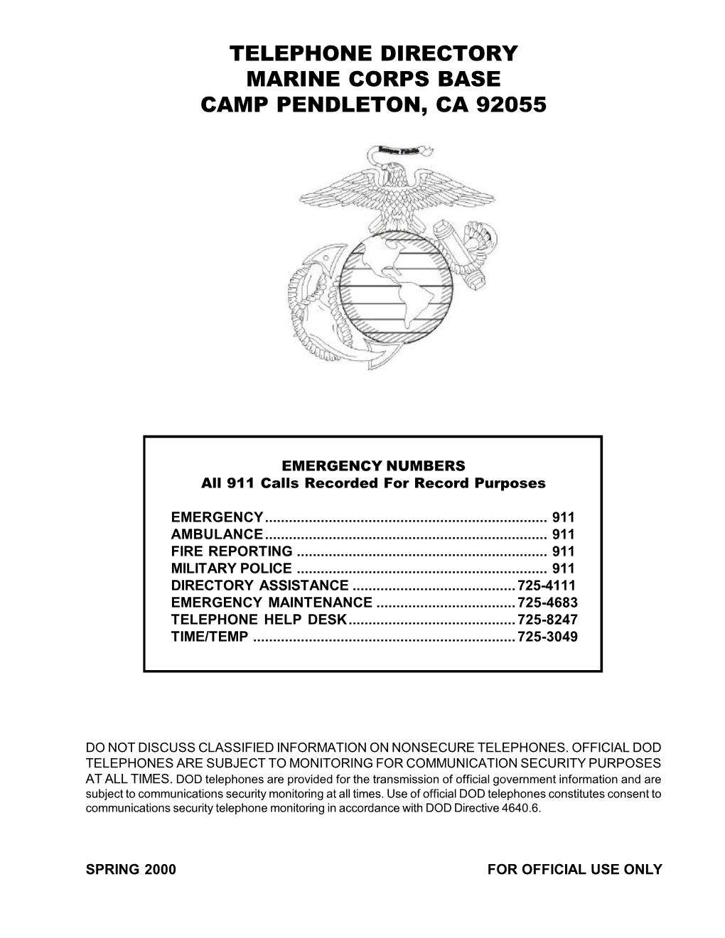 Telephone Directory Marine Corps Base Camp Pendleton, Ca 92055