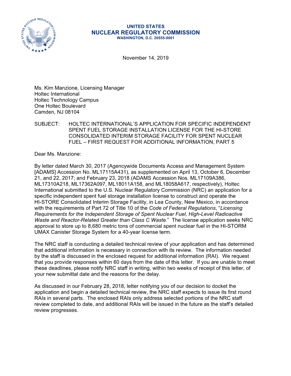 Letter Dated March 30, 2017 (Agencywide Documents Access and Management System [ADAMS] Accession No