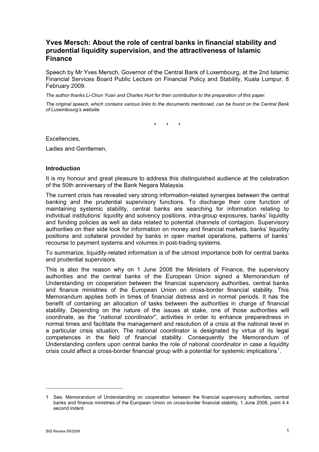 Yves Mersch: About the Role of Central Banks in Financial Stability and Prudential Liquidity Supervision, and the Attractiveness of Islamic Finance