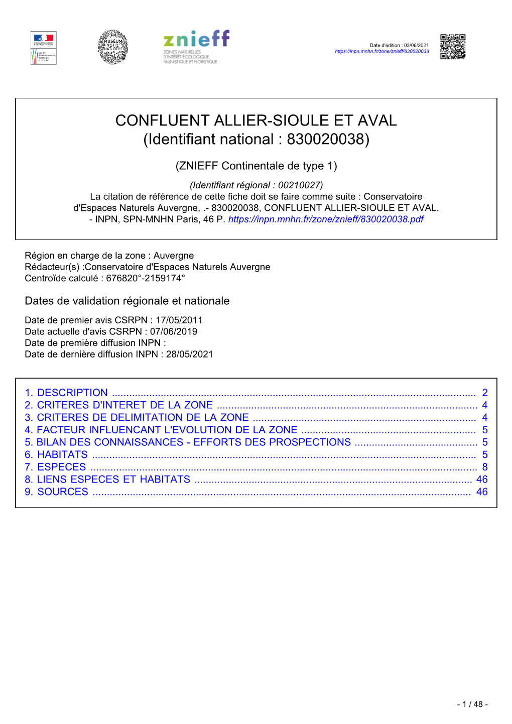 CONFLUENT ALLIER-SIOULE ET AVAL (Identifiant National : 830020038)