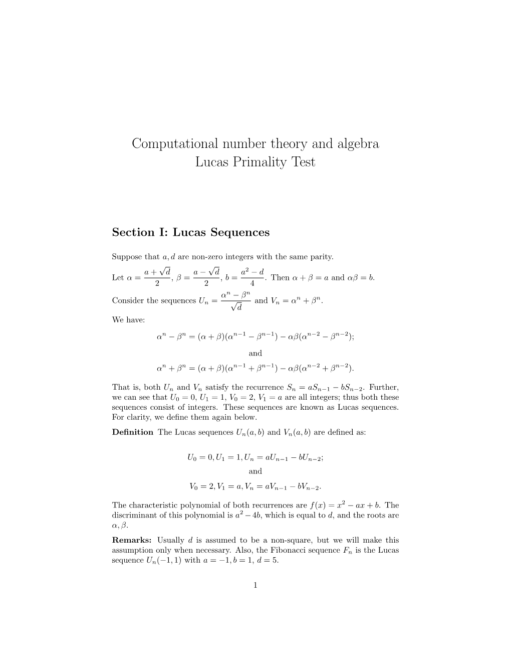 Computational Number Theory and Algebra Lucas Primality Test