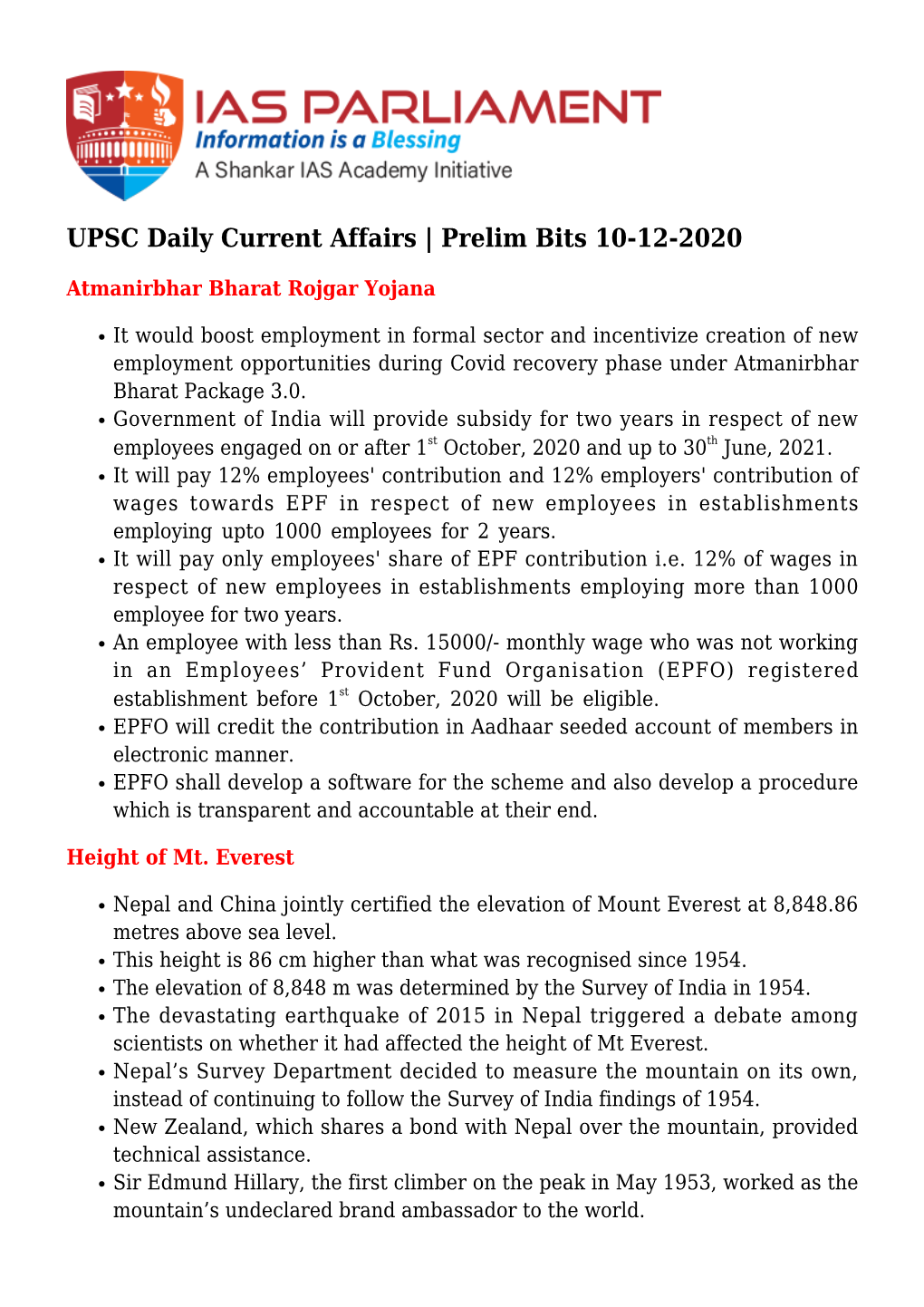 UPSC Daily Current Affairs | Prelim Bits 10-12-2020