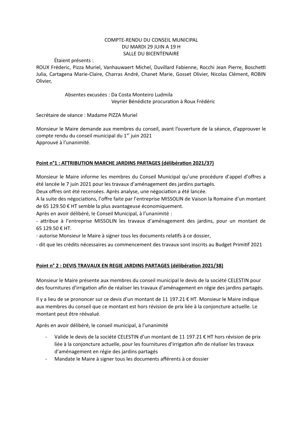 Compte Rendu Du Conseil Municipal Du 29 Juin 2021