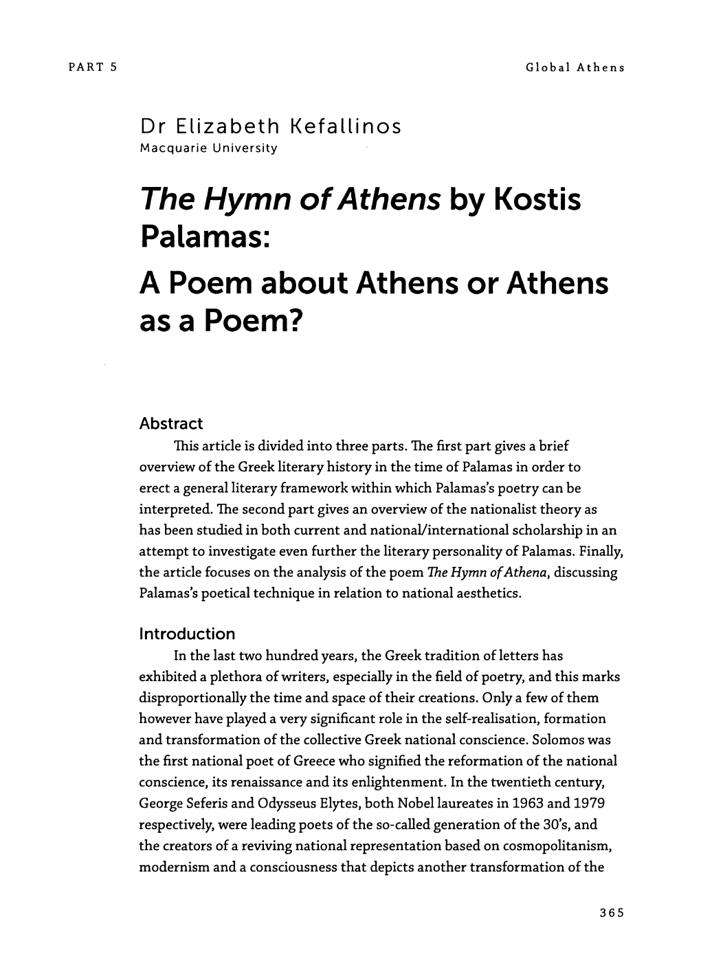 The Hymn of Athens by Kostis Palamas: a Poem About Athens Or Athens As a Poem?