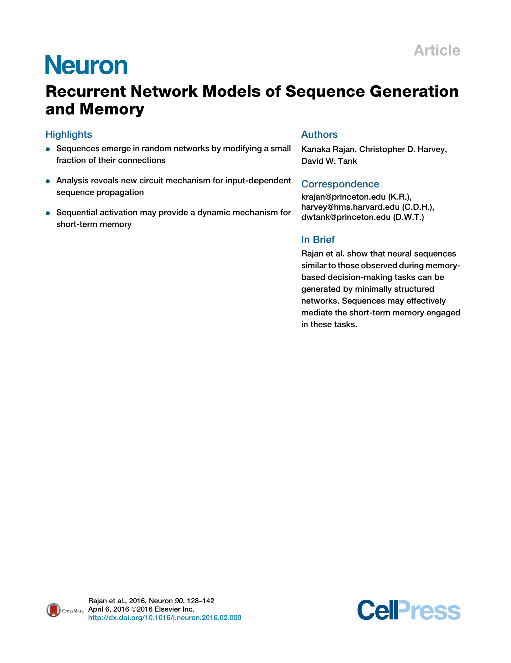 Recurrent Network Models of Sequence Generation and Memory