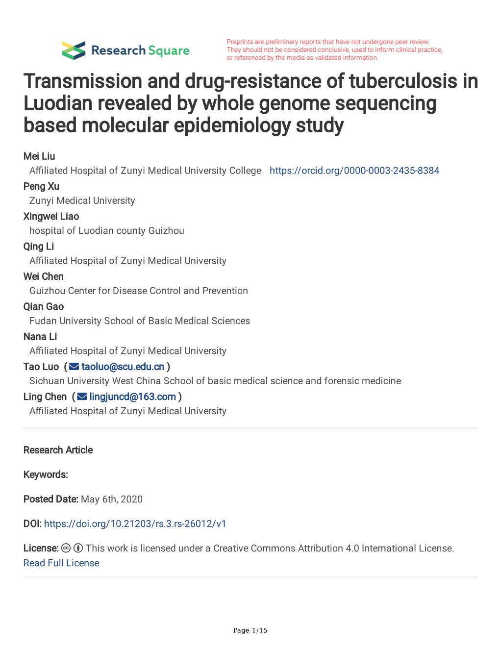 Transmission and Drug-Resistance of Tuberculosis in Luodian Revealed by Whole Genome Sequencing Based Molecular Epidemiology Study