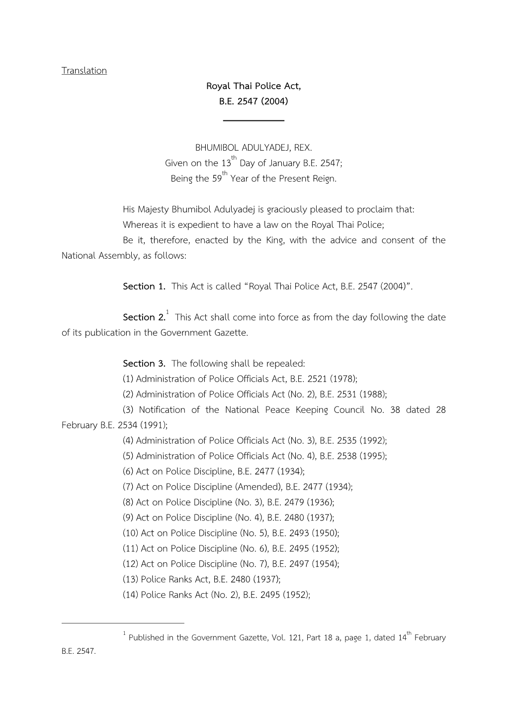 Translation Royal Thai Police Act, BE 2547 (2004)