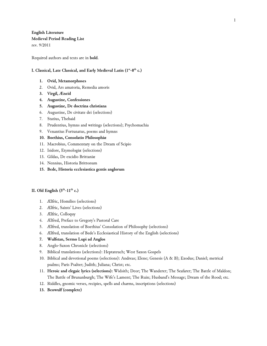 1 English Literature Medieval Period Reading List Rev. 9/2011 Required