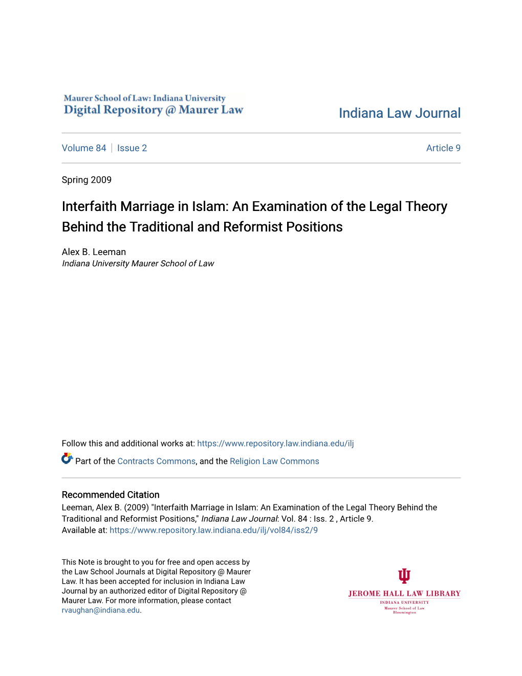 Interfaith Marriage in Islam: an Examination of the Legal Theory Behind the Traditional and Reformist Positions