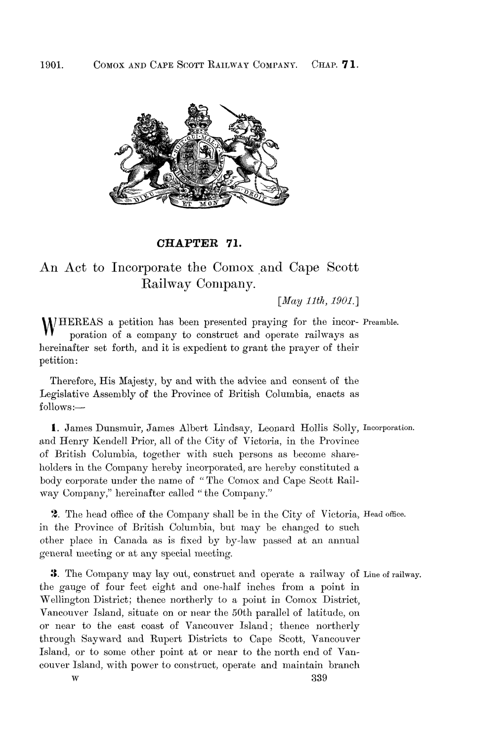 An Act to Incorporate the Comox and Cape Scott Railway Company. [May 11Th, 1901.]