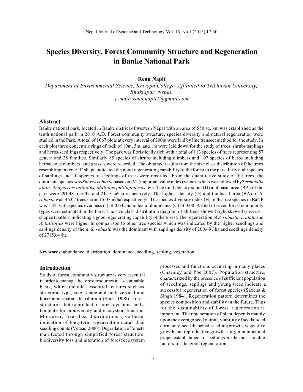 Species Diversity, Forest Community Structure and Regeneration in Banke National Park