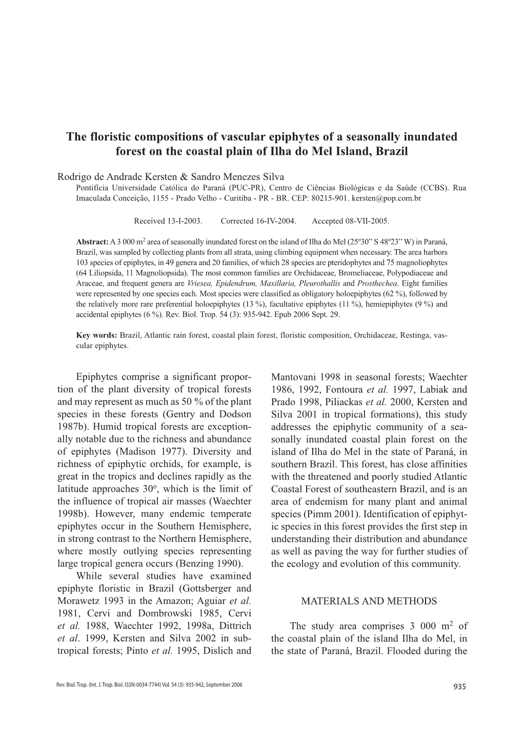 The Floristic Compositions of Vascular Epiphytes of a Seasonally Inundated Forest on the Coastal Plain of Ilha Do Mel Island, Brazil