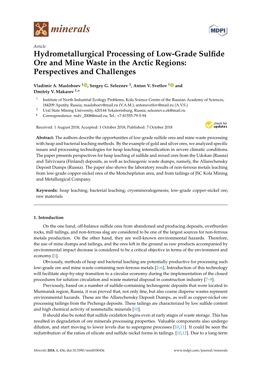 Hydrometallurgical Processing of Low-Grade Sulfide Ore and Mine