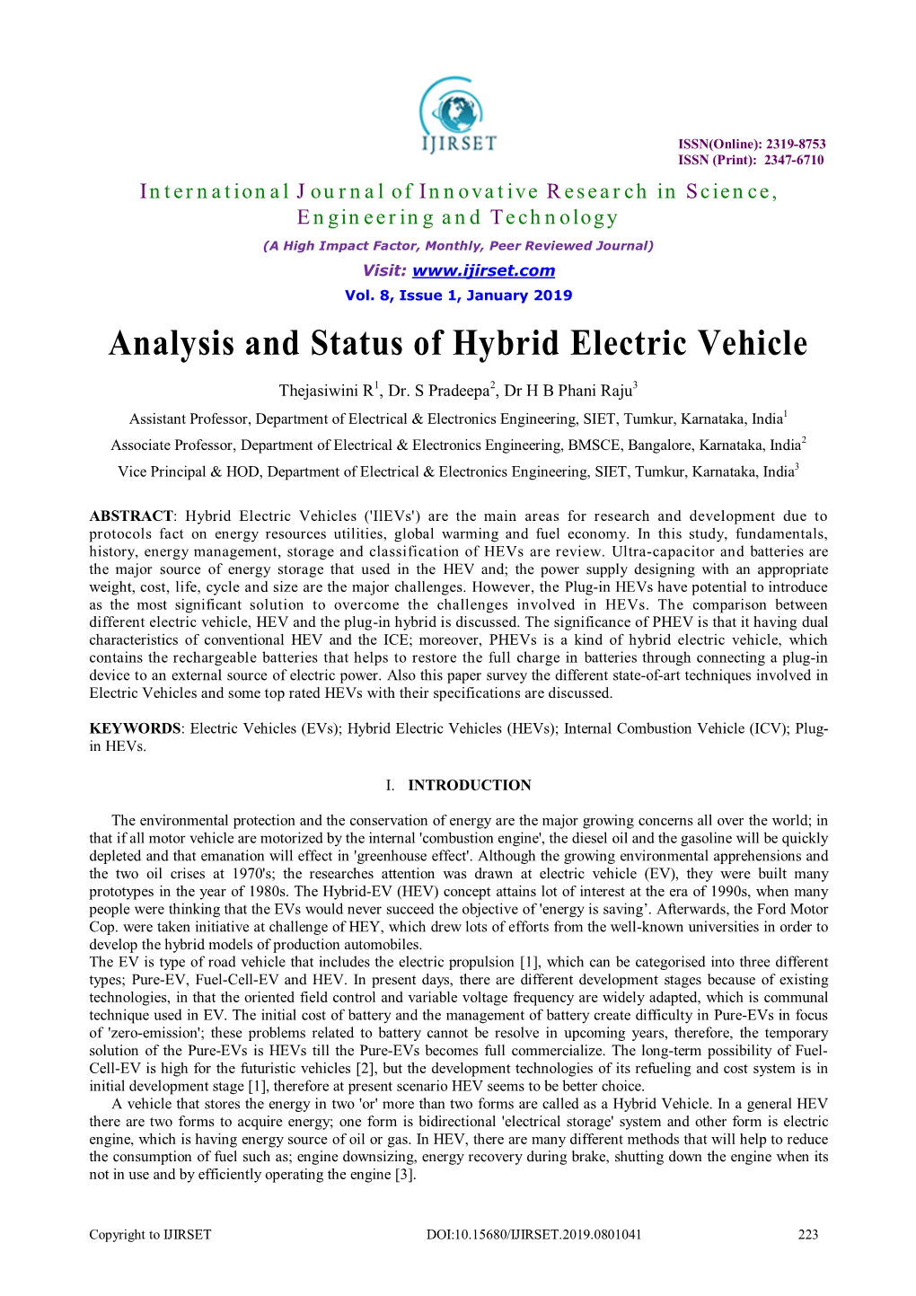 Analysis and Status of Hybrid Electric Vehicle