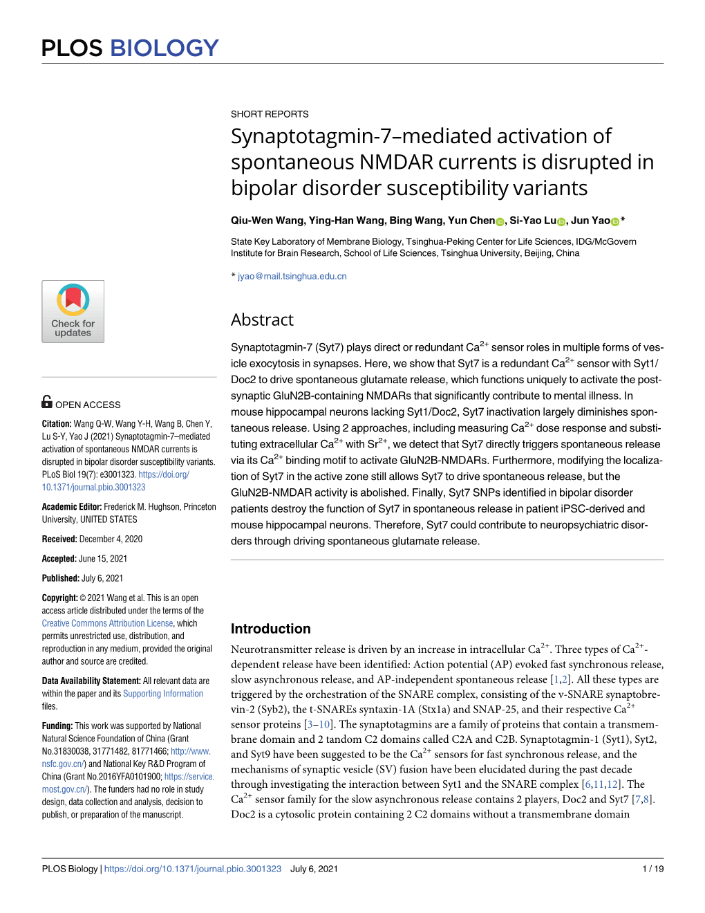 Synaptotagmin-7–Mediated Activation of Spontaneous NMDAR Currents Is Disrupted in Bipolar Disorder Susceptibility Variants