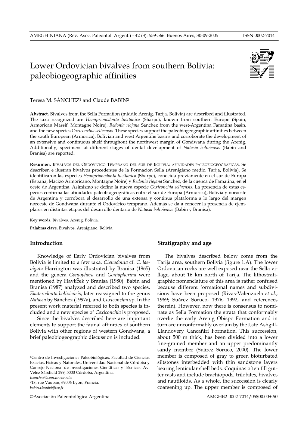 Lower Ordovician Bivalves from Southern Bolivia: Paleobiogeographic Affinities