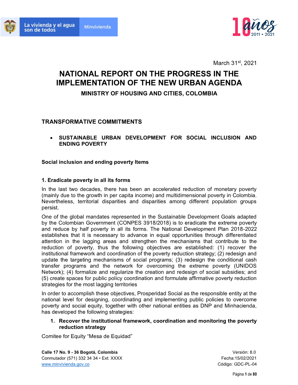 Republic of Colombia National Report Oct 2020