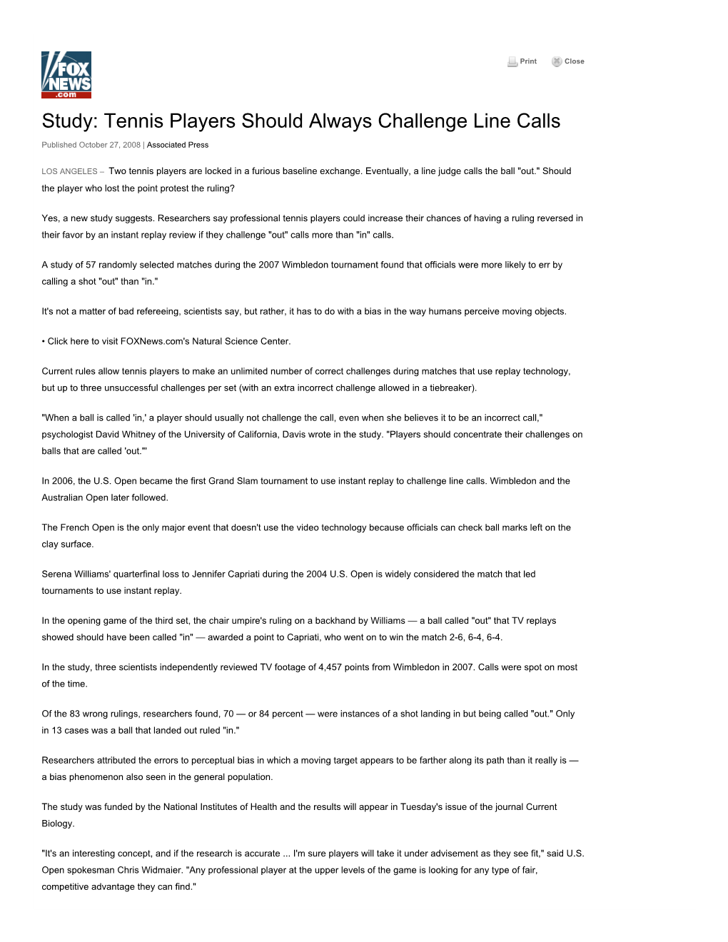 Study: Tennis Players Should Always Challenge Line Calls