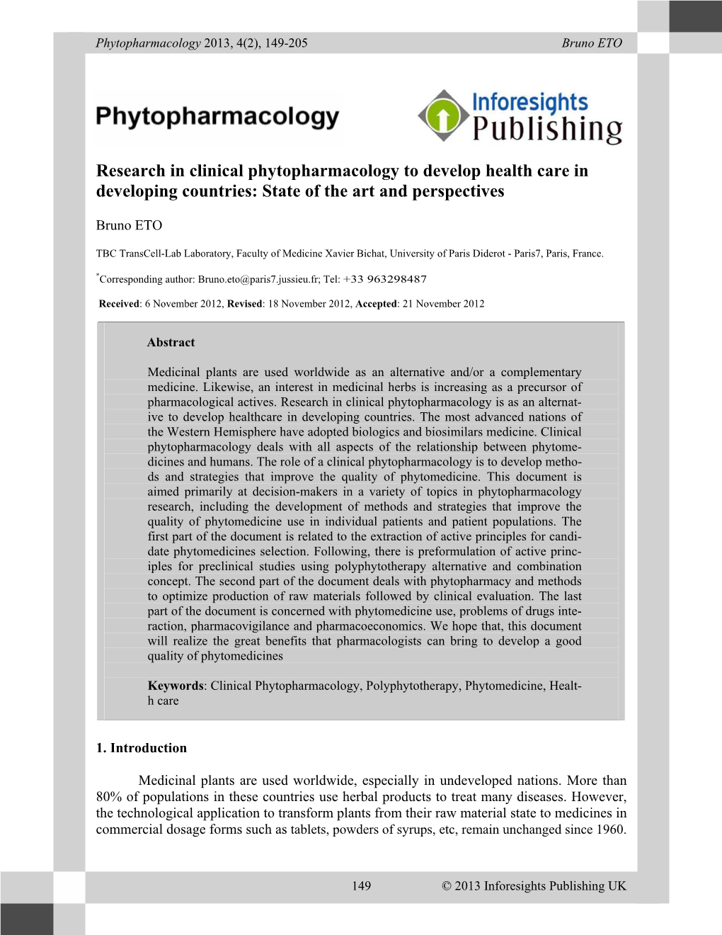 Research in Clinical Phytopharmacology to Develop Health Care in Developing Countries: State of the Art and Perspectives