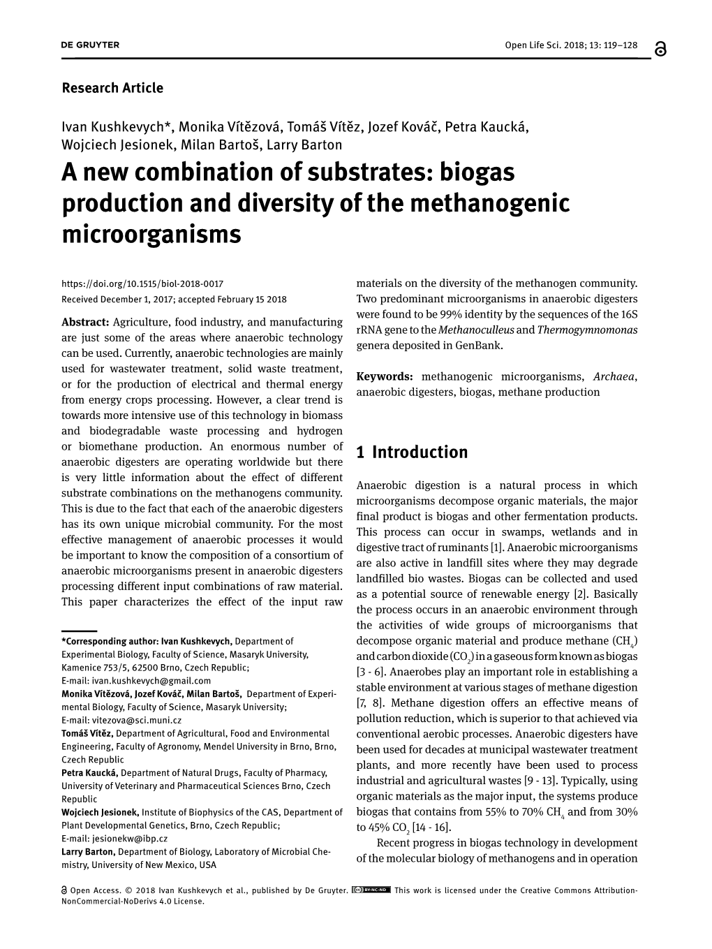 Biogas Production and Diversity of the Methanogenic Microorganisms Materials on the Diversity of the Methanogen Community