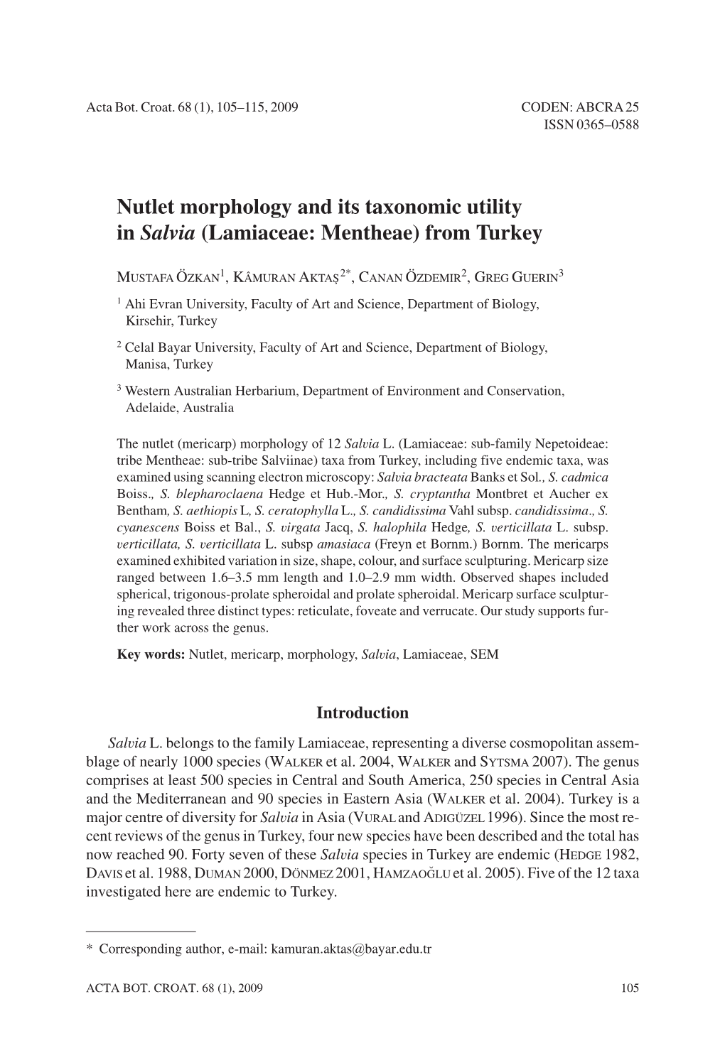 Nutlet Morphology and Its Taxonomic Utility in Salvia (Lamiaceae: Mentheae) from Turkey