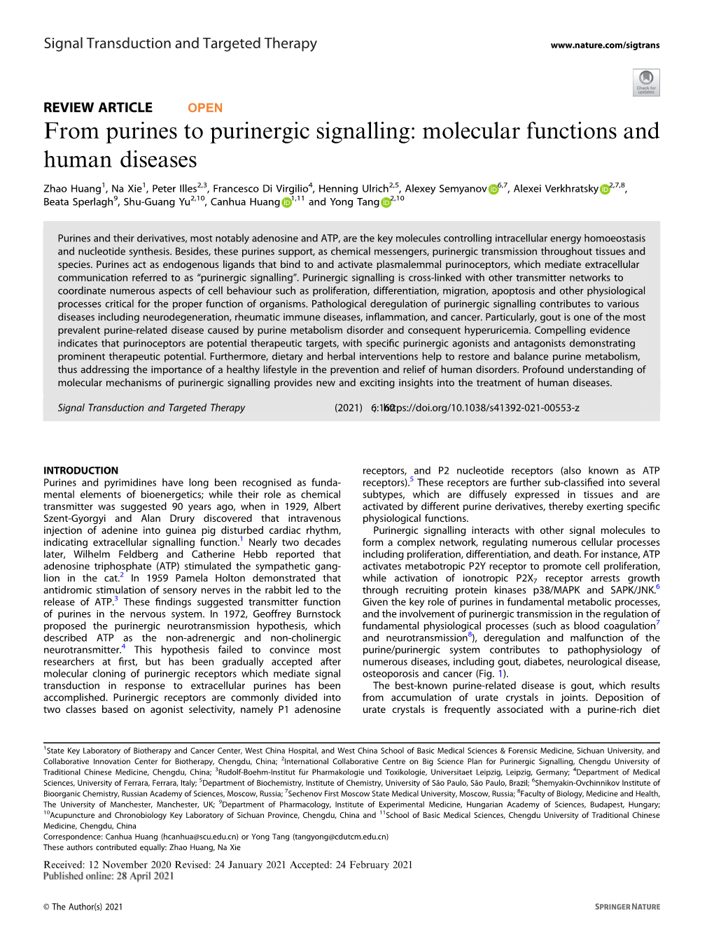 From Purines to Purinergic Signalling: Molecular Functions and Human Diseases