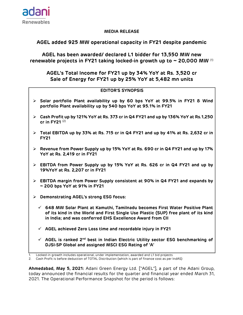 AGEL Added 925 MW Operational Capacity in FY21 Despite Pandemic