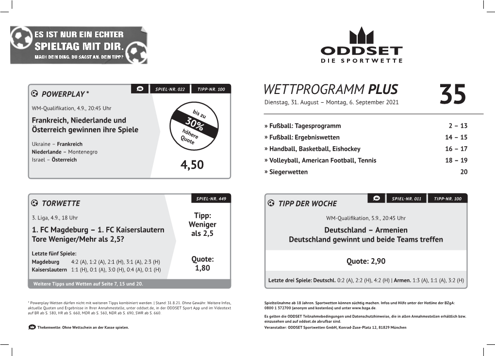 WETTPROGRAMM PLUS Dienstag, 31