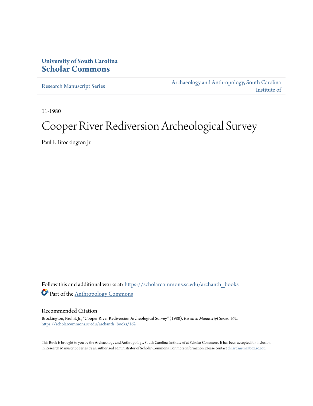 Cooper River Rediversion Archeological Survey Paul E