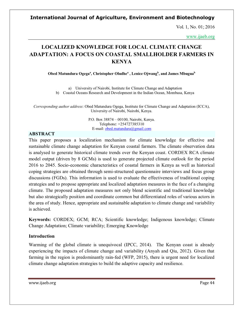 Localized Knowledge for Local Climate Change Adaptation: a Focus on Coastal Smallholder Farmers in Kenya