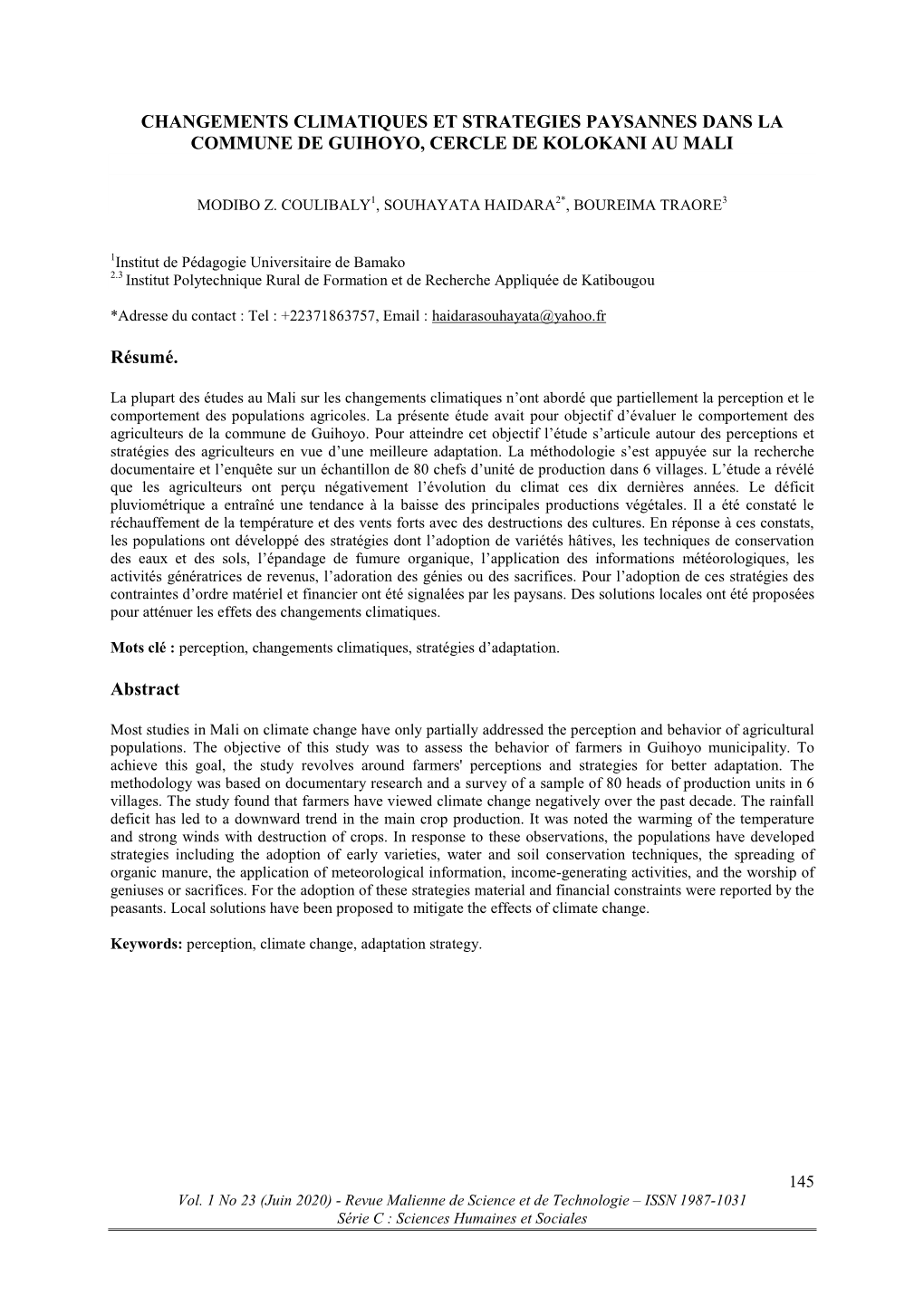 CHANGEMENTS CLIMATIQUES ET STRATEGIES PAYSANNES DANS LA COMMUNE DE GUIHOYO, CERCLE DE KOLOKANI AU MALI Résumé. Abstract