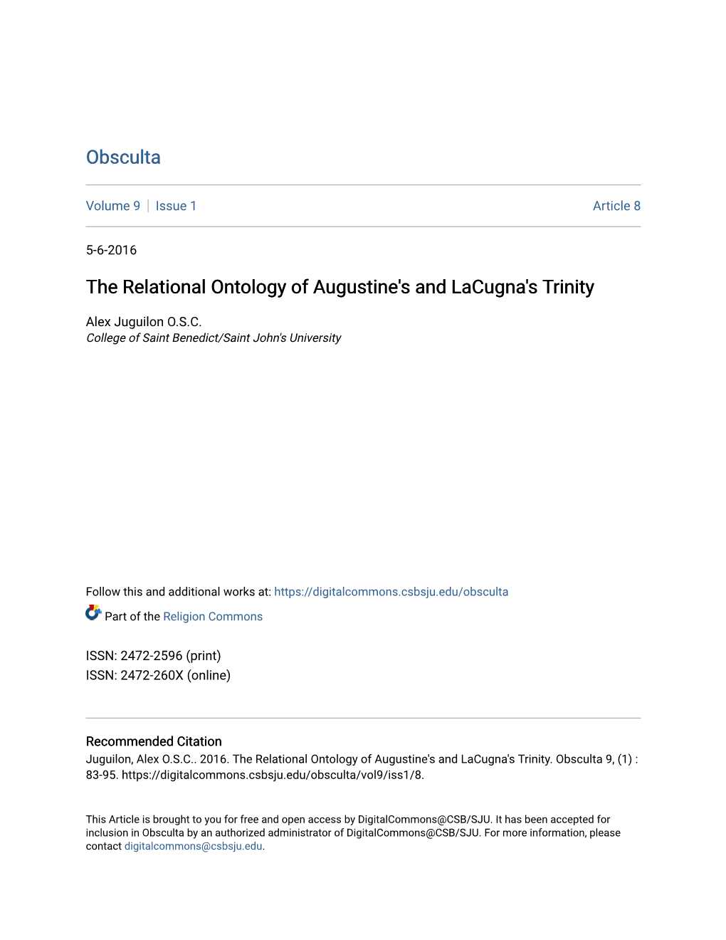 The Relational Ontology of Augustine's and Lacugna's Trinity