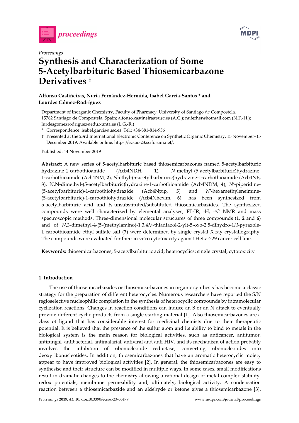 Synthesis and Characterization of Some 5-Acetylbarbituric Based Thiosemicarbazone Derivatives †