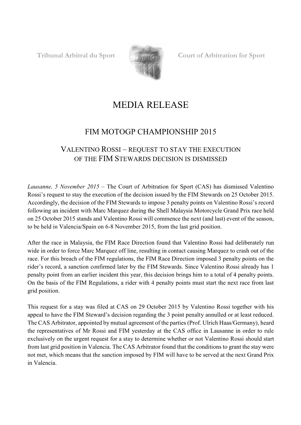 Fim Motogp Championship 2015 Valentino Rossi