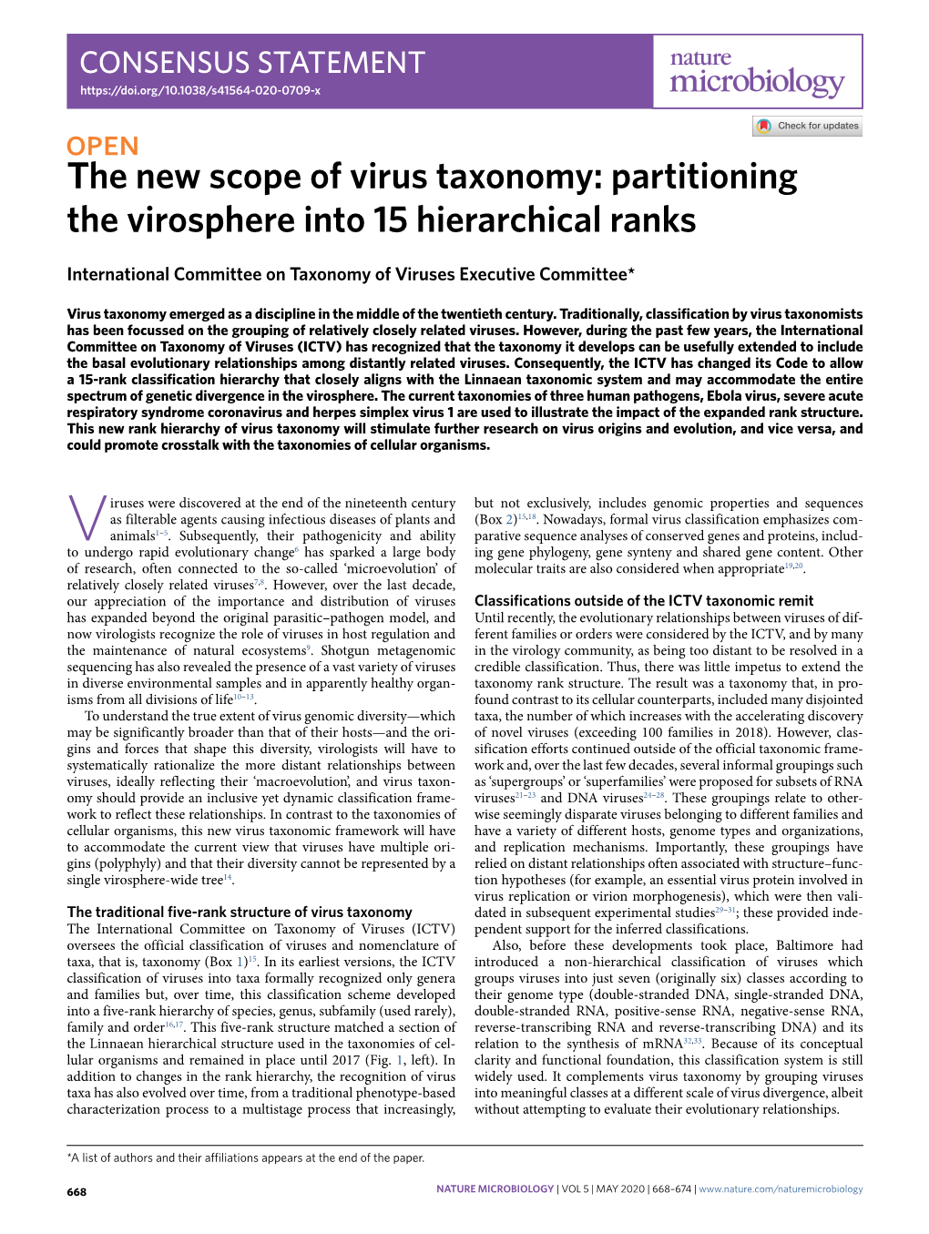 The New Scope of Virus Taxonomy: Partitioning the Virosphere Into 15 Hierarchical Ranks