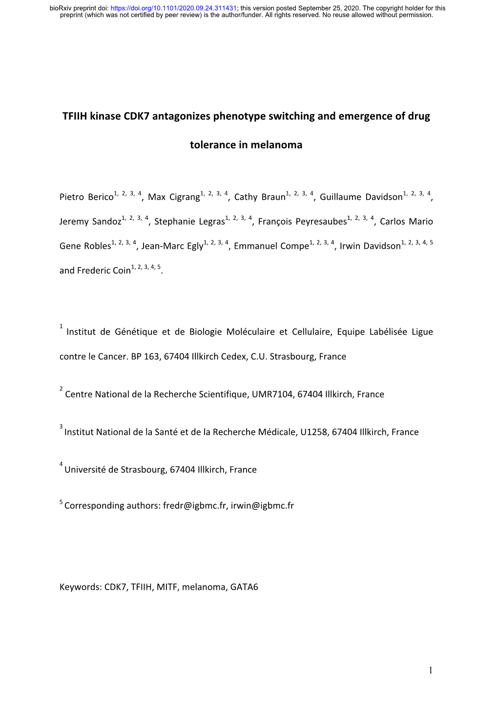 TFIIH Kinase CDK7 Antagonizes Phenotype Switching and Emergence of Drug Tolerance in Melanoma