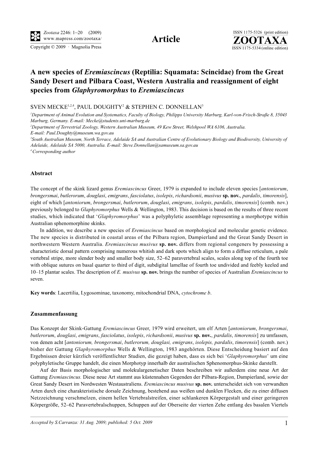 Zootaxa, a New Species of Eremiascincus