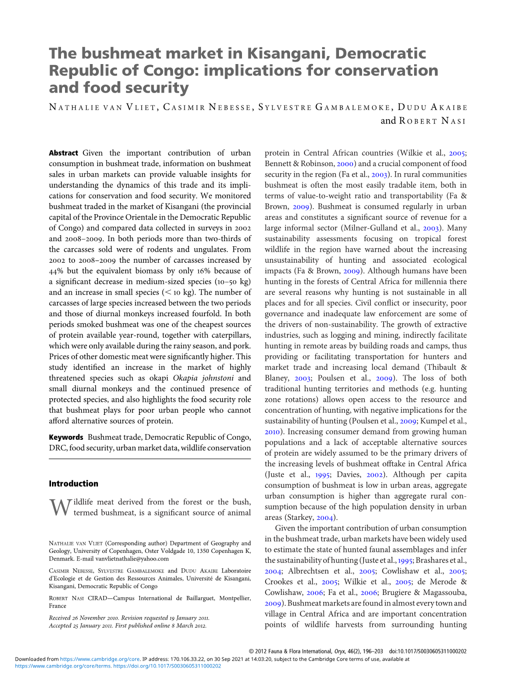 The Bushmeat Market in Kisangani, Democratic Republic of Congo: Implications for Conservation and Food Security