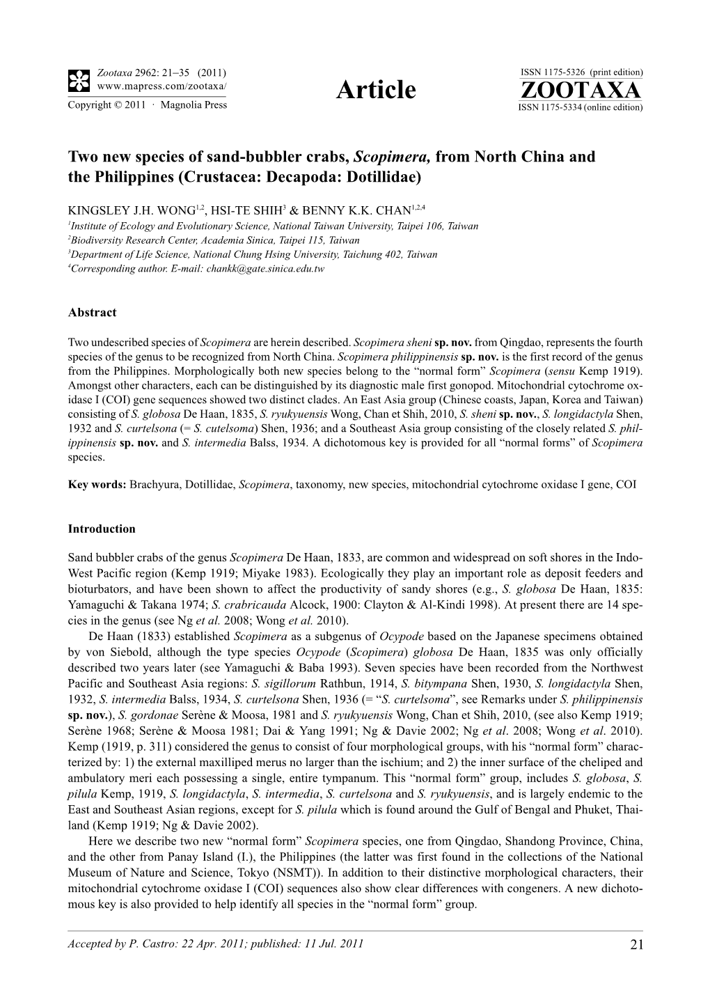 Two New Species of Sand-Bubbler Crabs, Scopimera, from North China and the Philippines (Crustacea: Decapoda: Dotillidae)