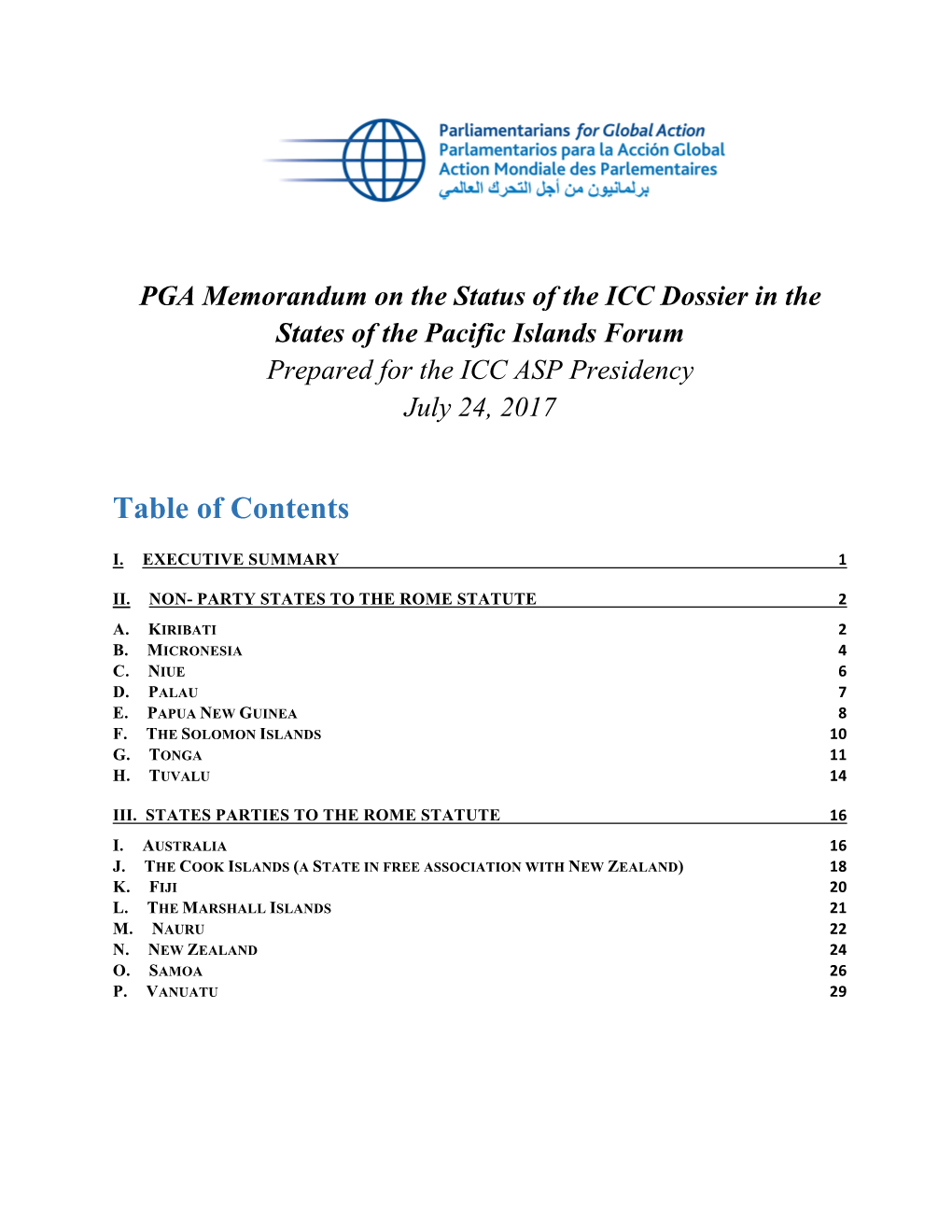 PGA Memorandum on the Status of the ICC Dossier in the States of the Pacific Islands Forum Prepared for the ICC ASP Presidency July 24, 2017