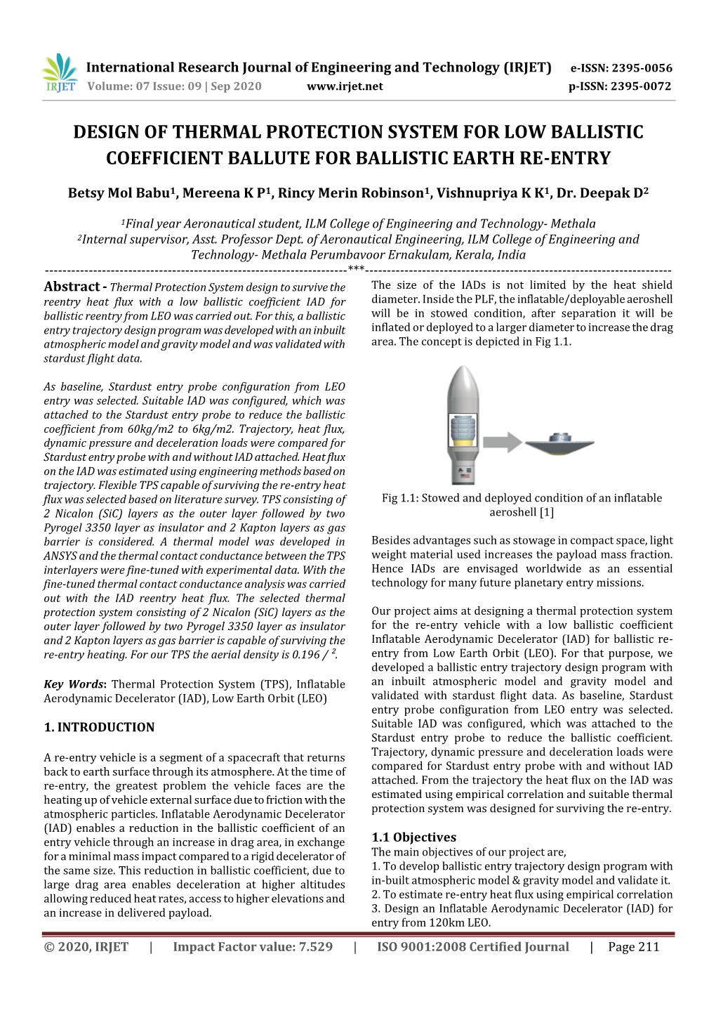 Design of Thermal Protection System for Low Ballistic Coefficient Ballute for Ballistic Earth Re-Entry