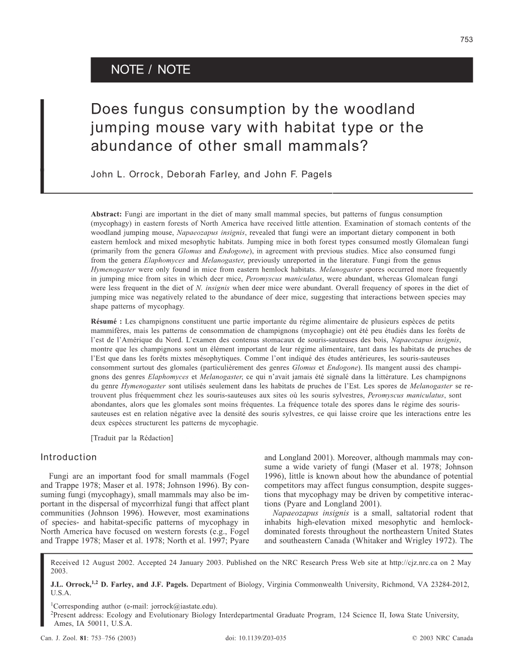 Does Fungus Consumption by the Woodland Jumping Mouse Vary with Habitat Type Or the Abundance of Other Small Mammals?