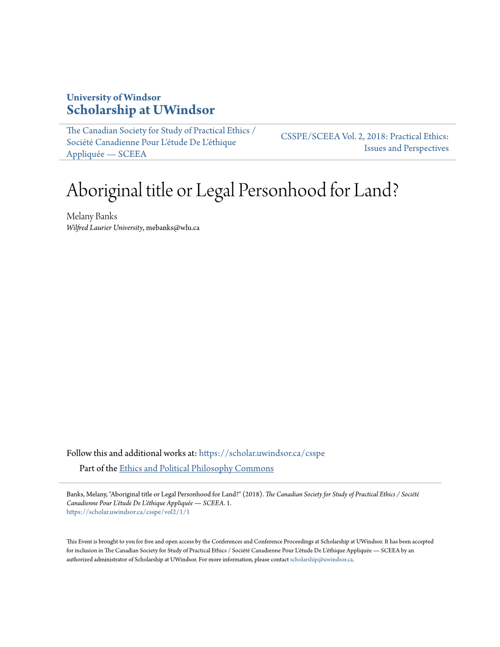 Aboriginal Title Or Legal Personhood for Land? Melany Banks Wilfred Laurier University, Mebanks@Wlu.Ca