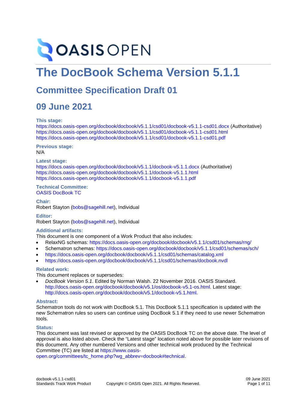 The Docbook Schema Version 5.1.1 Committee Specification Draft 01 09 June 2021