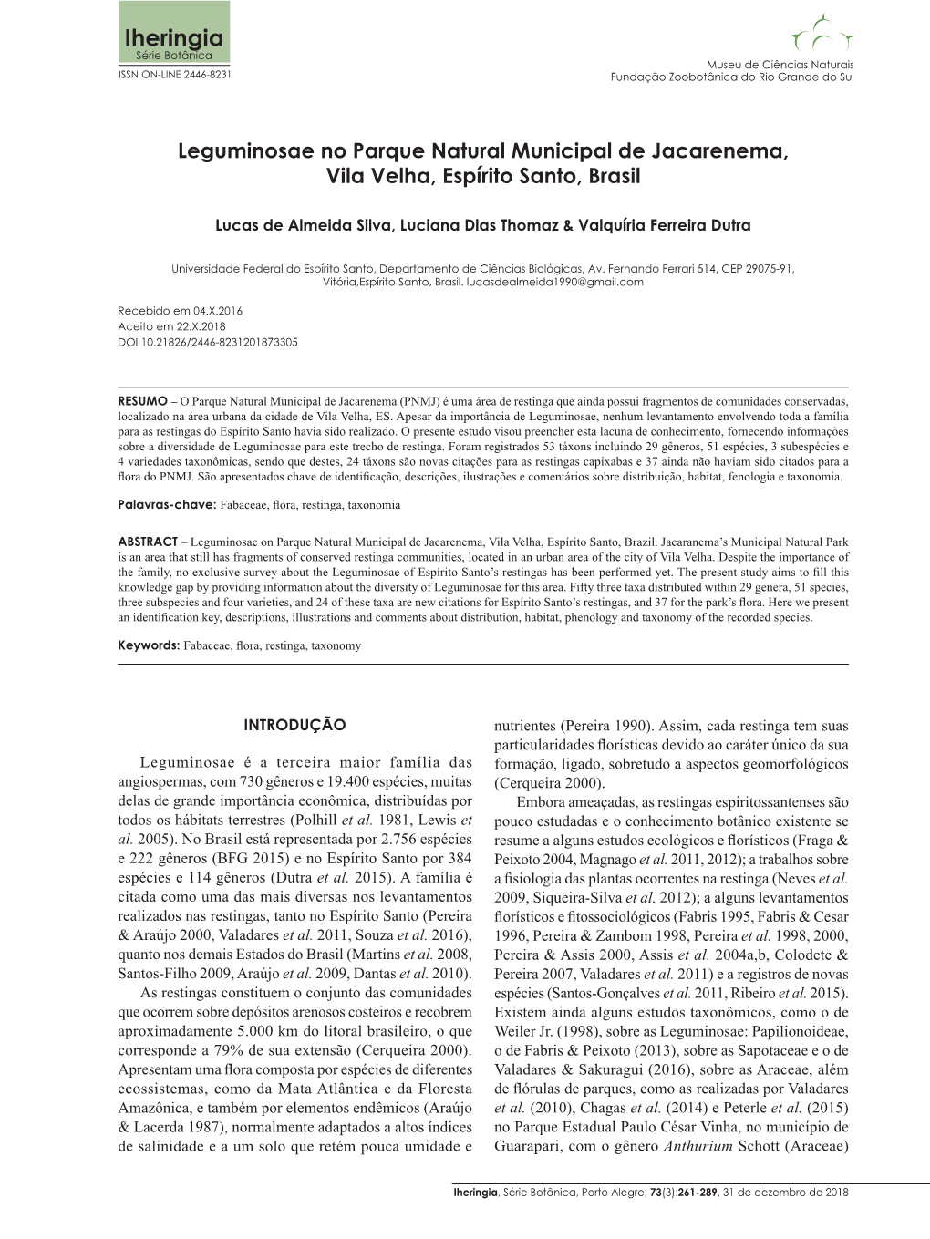 Iheringia, Série Botânica, Porto Alegre, 73(3):261-289, 31 De Dezembro De 2018