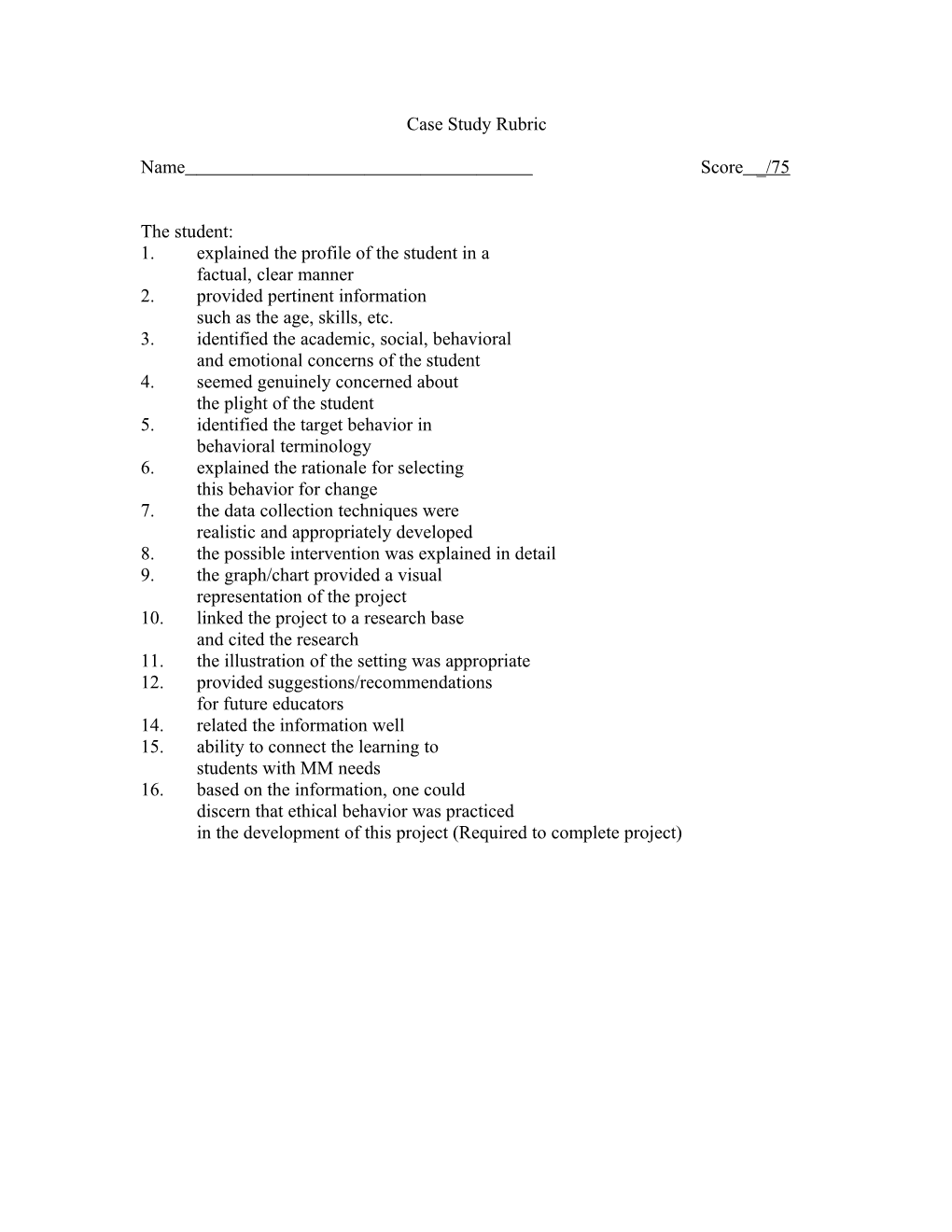 Case Study Rubric