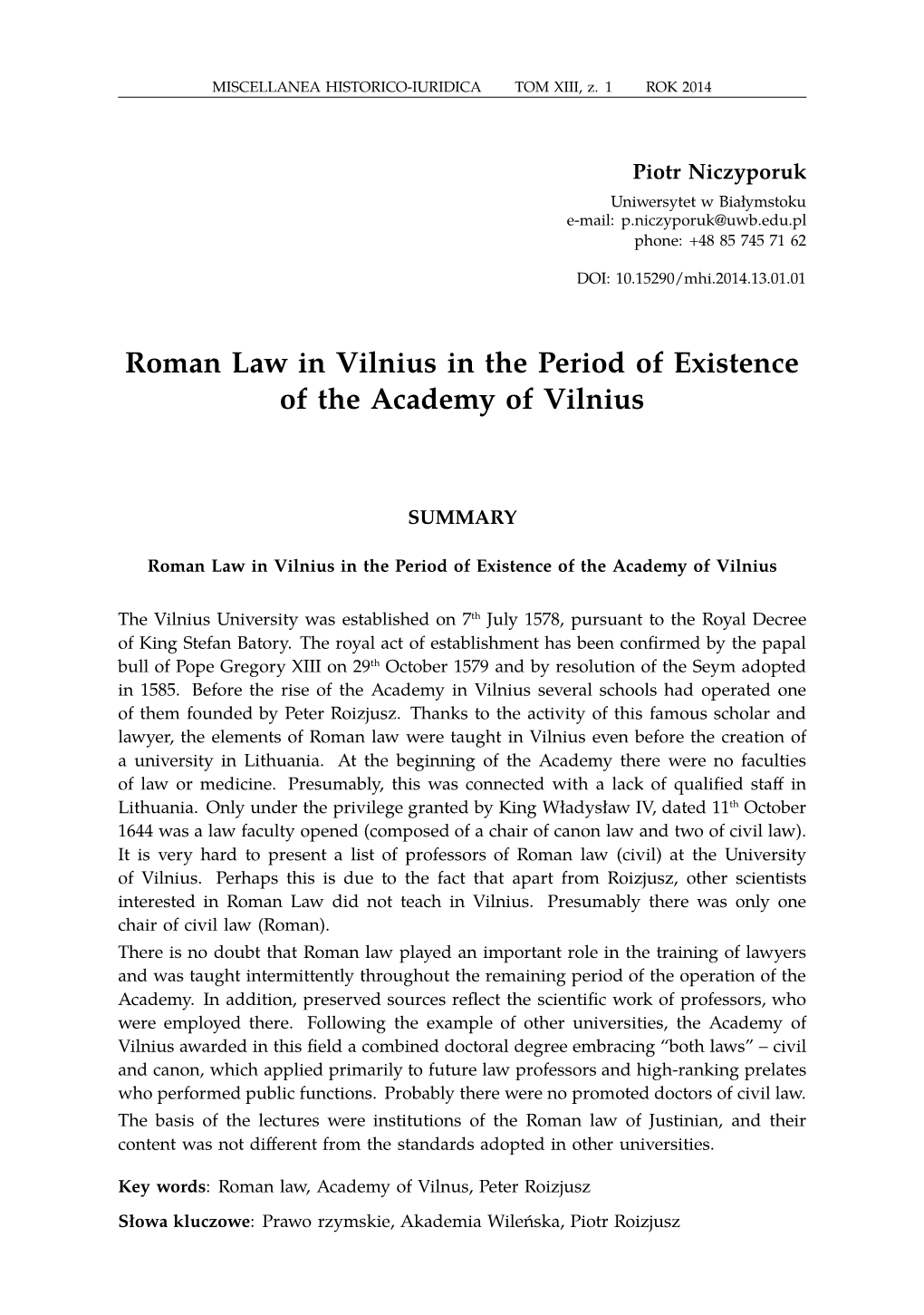 Roman Law in Vilnius in the Period of Existence of the Academy of Vilnius