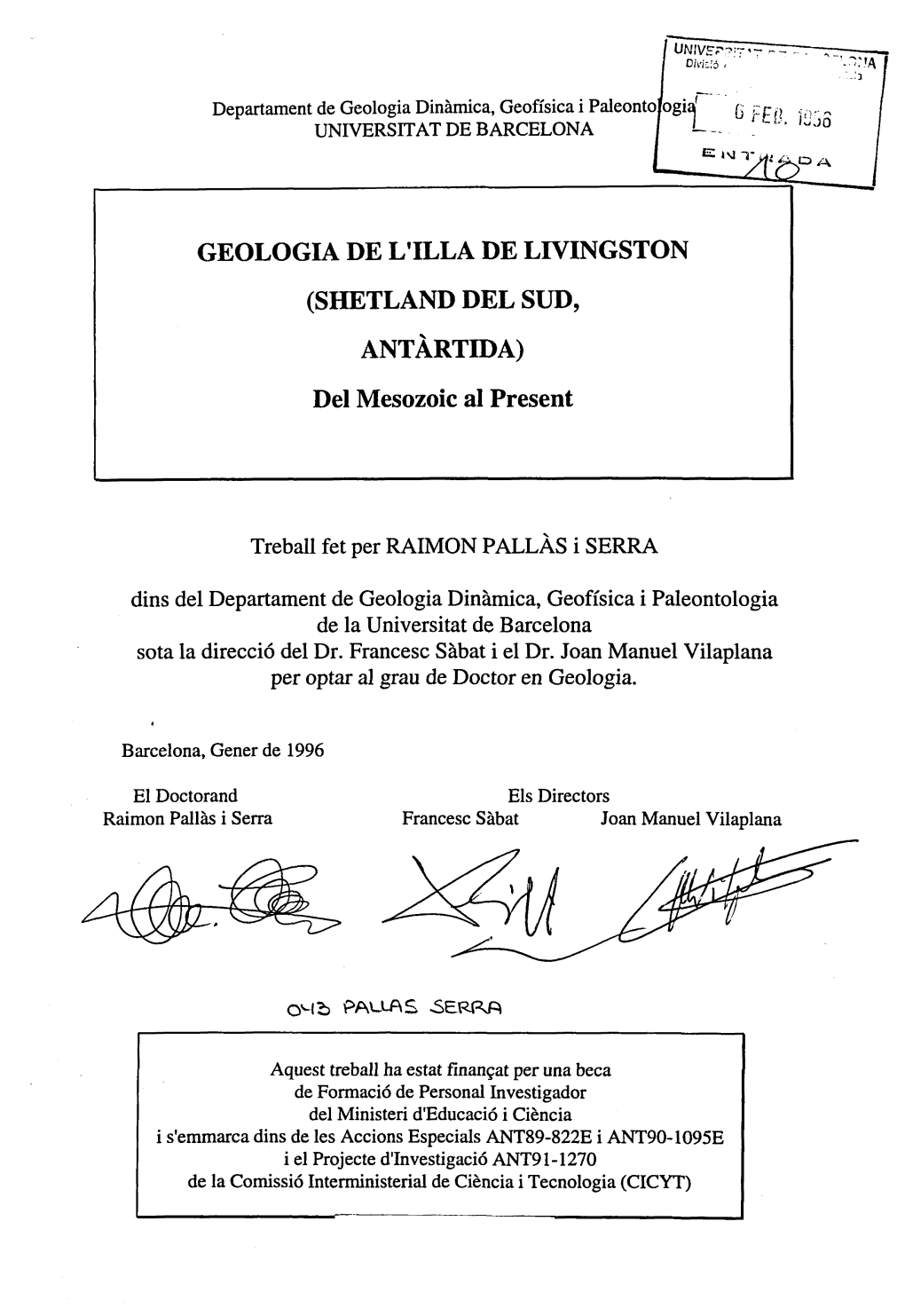 GEOLOGIA DE L'illa DE LIVINGSTON (SHETLAND DEL SUD, ANTÀRTIDA) Del Mesozoic Al Present