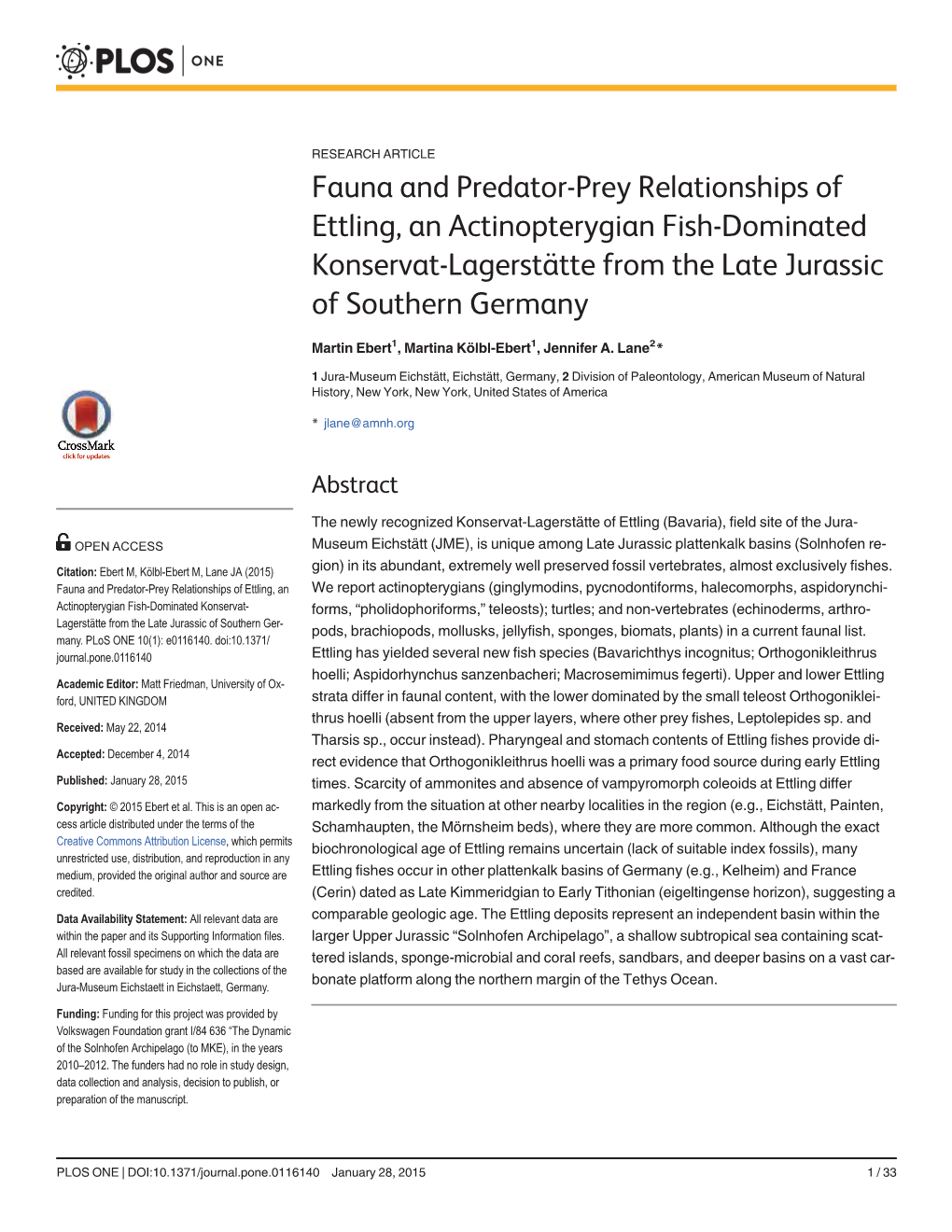 Fauna and Predator-Prey Relationships of Ettling, an Actinopterygian Fish-Dominated Konservat-Lagerstätte from the Late Jurassic of Southern Germany